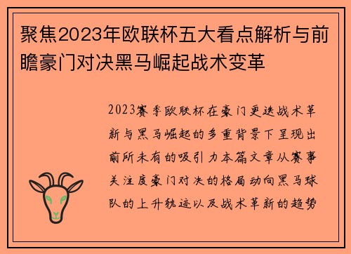 聚焦2023年欧联杯五大看点解析与前瞻豪门对决黑马崛起战术变革