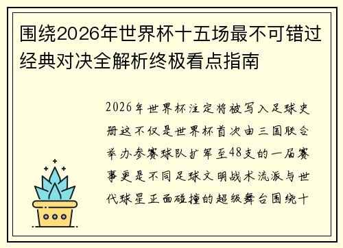 围绕2026年世界杯十五场最不可错过经典对决全解析终极看点指南